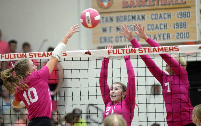 Fulton's Averi Bush spikes the ball against Eastland on Tuesday, Oct. 7, 2025