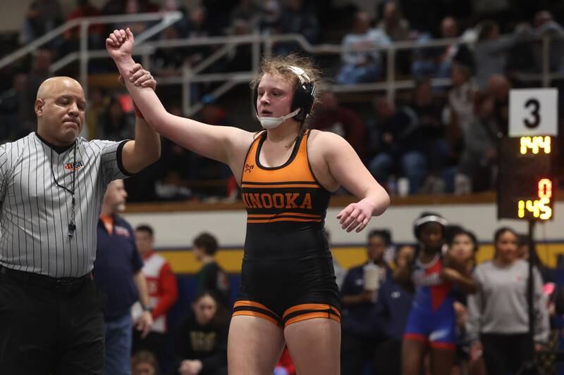 Minooka’s Bella Cyrkiel defeats Oswego’s Makayla Hill in the Southwest Prairie Conference 145 pound Championship at Joliet Central on Saturday, Jan. 20th, 2024.
