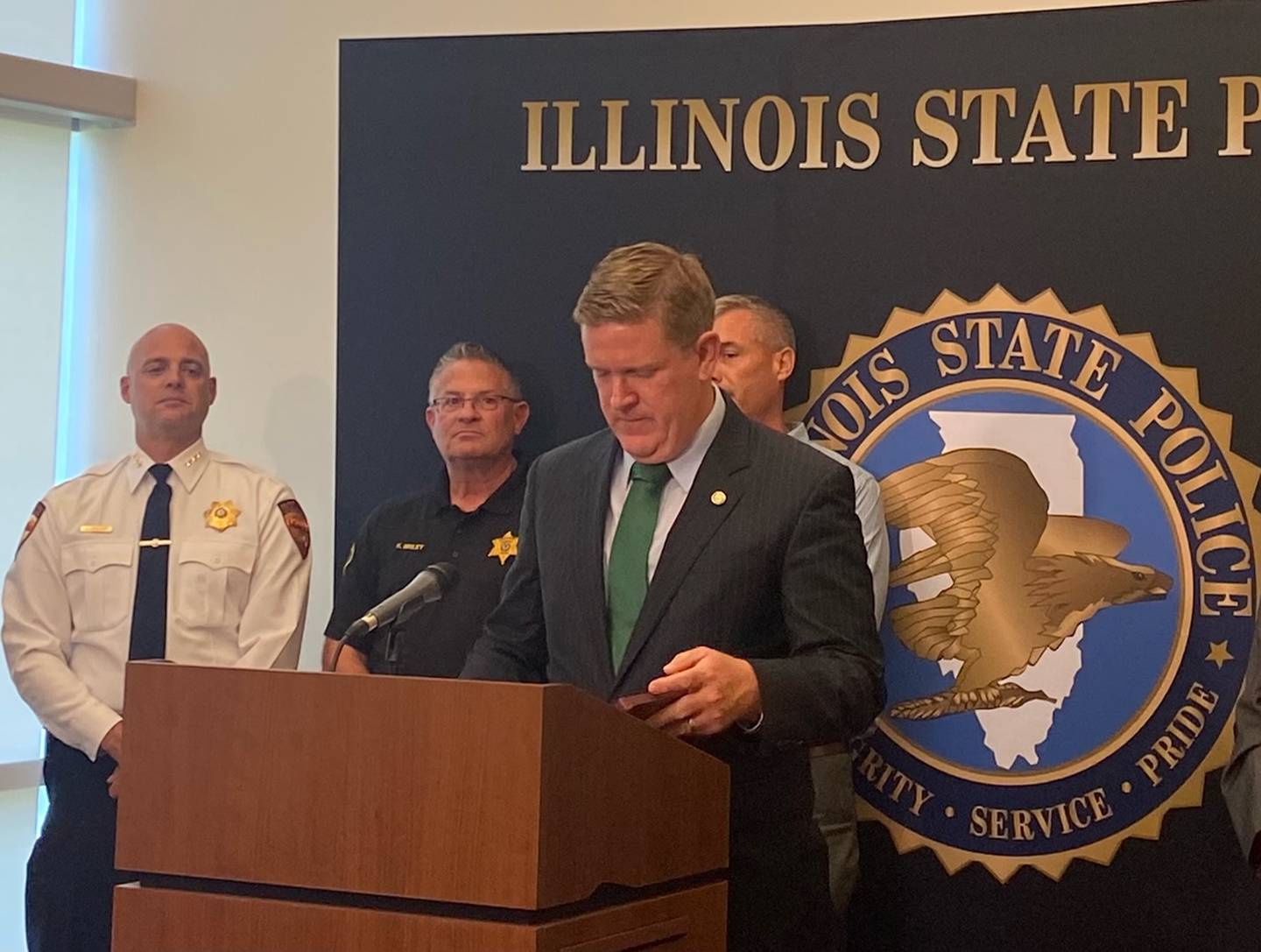 Illinois State Police Director Brendan F. Kelly speaks during Tuesday afternoon's ISP press conference in Morris.