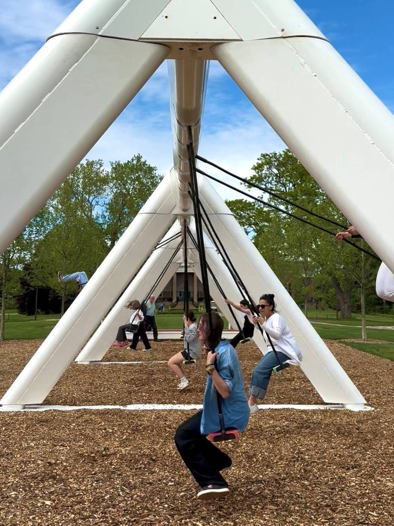 Musical swings are part of Cantigny's new interactive art installation exhibit during the summer of 2025.