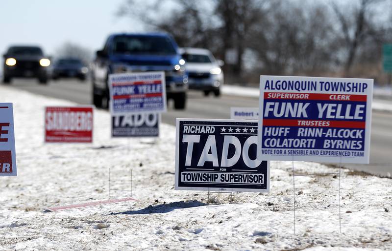 Campaign signs on Thursday, Feb. 20, 2025, at the Algonquin Township Office at 3702 US Hwy 14, in Crystal Lake.