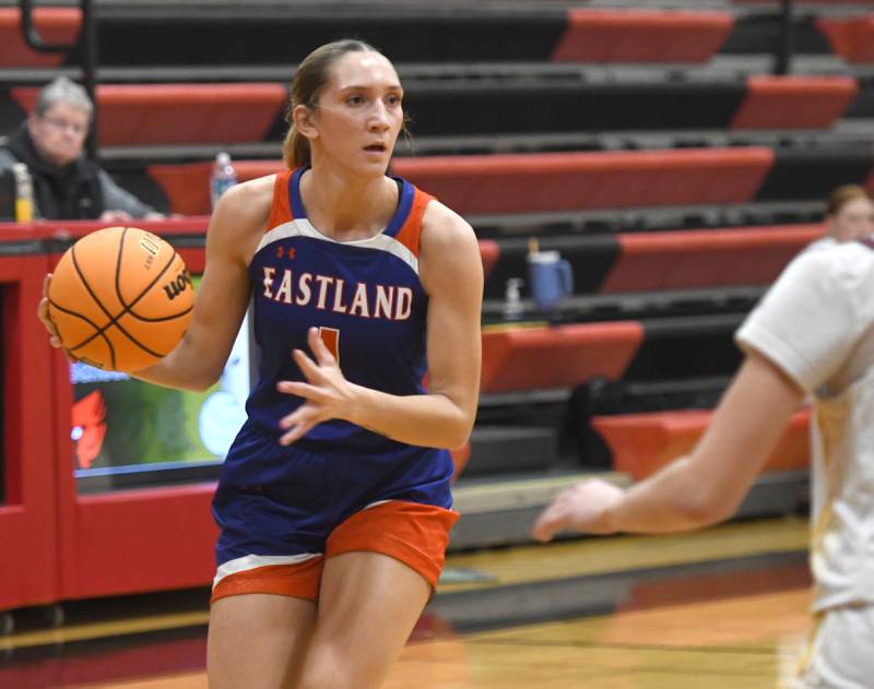Eastland's Trixie Carroll (1) looks to pass against Stockton during action at the Forreston High School Girls Basketball Thanksgiving Tournament on Friday, Nov. 21, 2025.