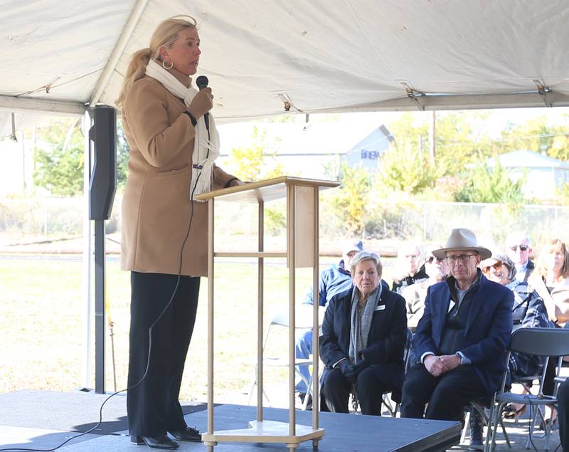 State Sen. Sue Rezin (R-Morris) speaks to a large crowd during a groundbreaking ceremony for the new YMCA on Tuesday, Oct. 18, 2022 in Ottawa.