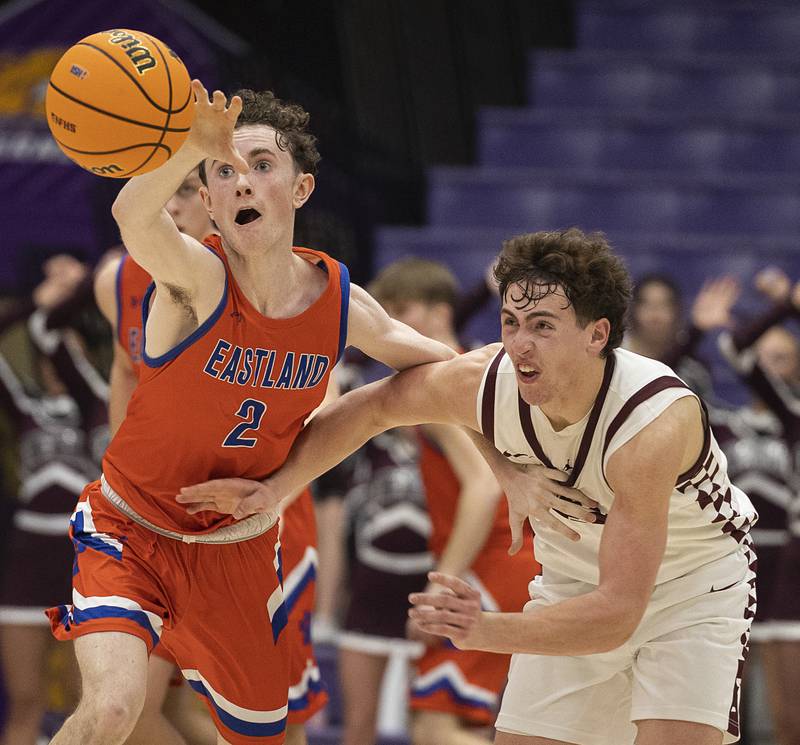 Eastland’s Wyatt Carroll steals the ball in front on Tremont’S Andrew Dawson Monday, March 9, 2026, in the Class 1A Macomb Supersectional.