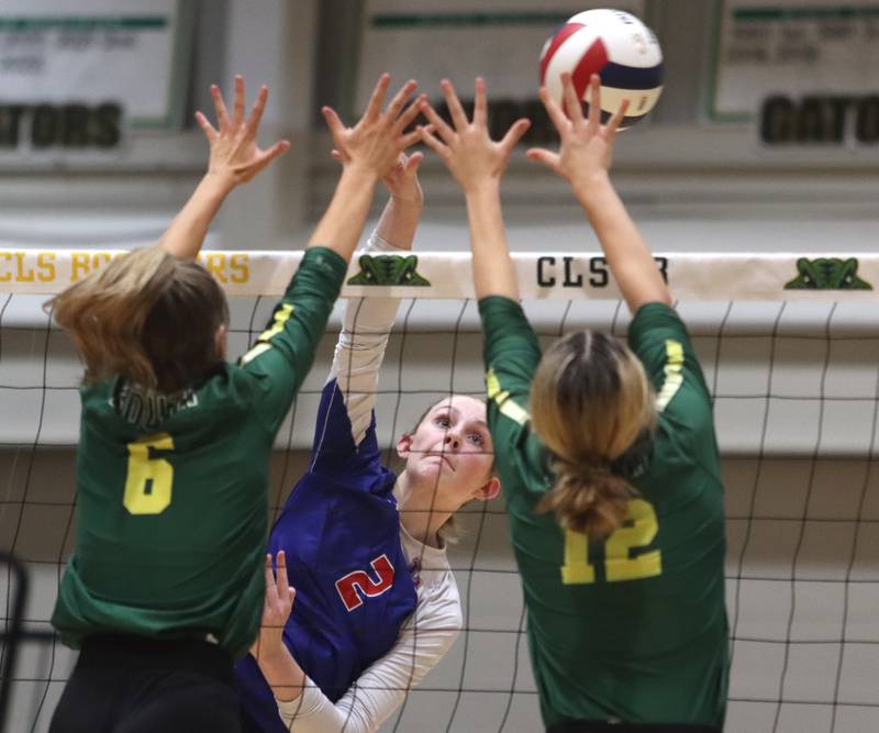 Lakes’ Isabel Stauber hits the ball in IHSA Class 3A Sectional semifinal volleyball action on Tuesday, Nov. 5, 2024, at  Crystal Lake South High School  in Crystal Lake.