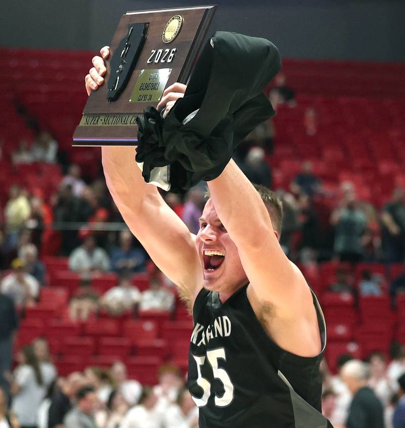 Kaneland's Jake Buckley celebrates their win over Morton Monday, March 9, 2026, after their IHSA Class 3A supersectional matchup in the Convocation Center at Northern Illinois University in DeKalb.