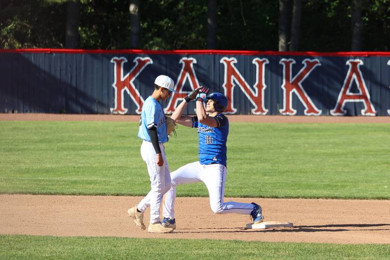 Clifton Central's Mayson Mitchell celebrates a reaching second base on a double during Central's 8-4 victory over Kankakee on Monday, May 11, 2026.