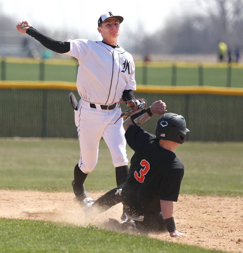 Kaneland's Kanon Baxley tries to turn a double play as DeKalb's Nikolas Nelson tries to break it up during their game Saturday, April 12, 2025, at Kaneland High School in Maple Park.