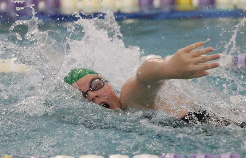 L-P co-op's Addisyn Budnick competes in the 400 yard relay during a swim meet on Wednesday, Sept. 24, 2025 at the Illinois Valley YMCS in Peru.