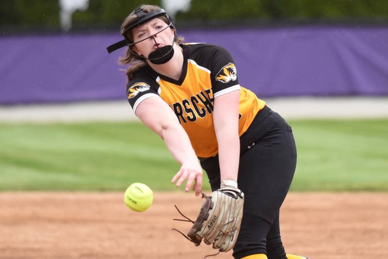 Herscher's Anna Lesage throws a pitch during a game at Manteno Tuesday, May 12, 2026.