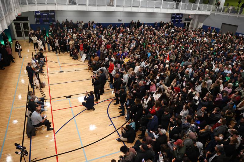 Hundreds of supporters pack the gym for a vigil for Wadea Al-Fayoume at Prairie Activity & Recreation Center on Tuesday, Oct. 17, 2023 in Plainfield.