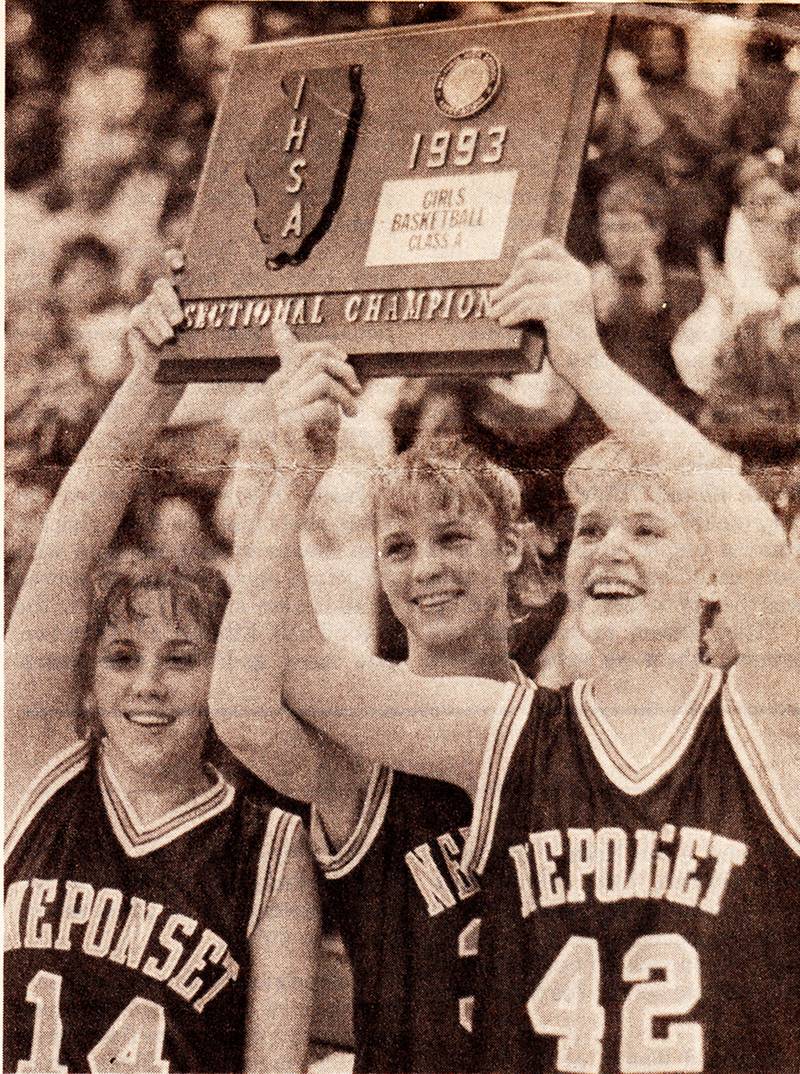 Brandi Hamilton (left), Tiffany Benecke and Jolene Bair celebrate the Neponset Lady Zephyrs third straight sectional championship in 1992 after defeating host Dunlap 44-42.