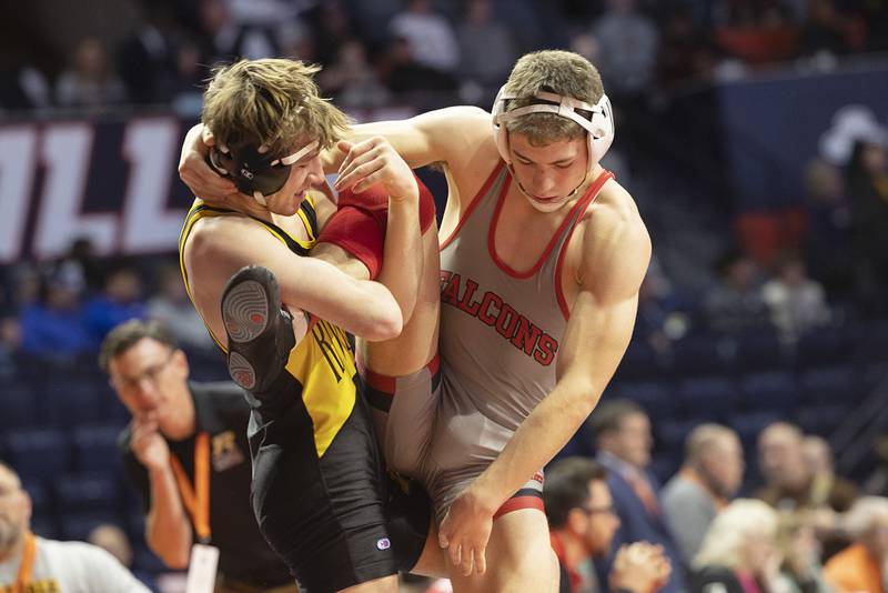 Riverdale’s Blake Smith controls the leg of Carson Maxey of Gibson City-Melvin-Sibley in the 150 pound 1A third place match Saturday, Feb. 17, 2024 at the IHSA state wrestling finals at the State Farm Center in Champaign.