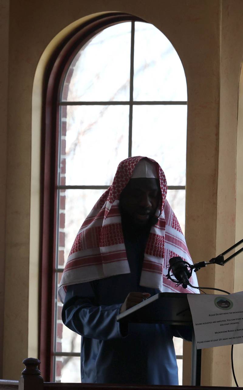 A worship leader speaks Friday, April 7, 2023, in the prayer hall or musallā at the Islamic Center of DeKalb. Muslims are currently observing the holy month of Ramadan.