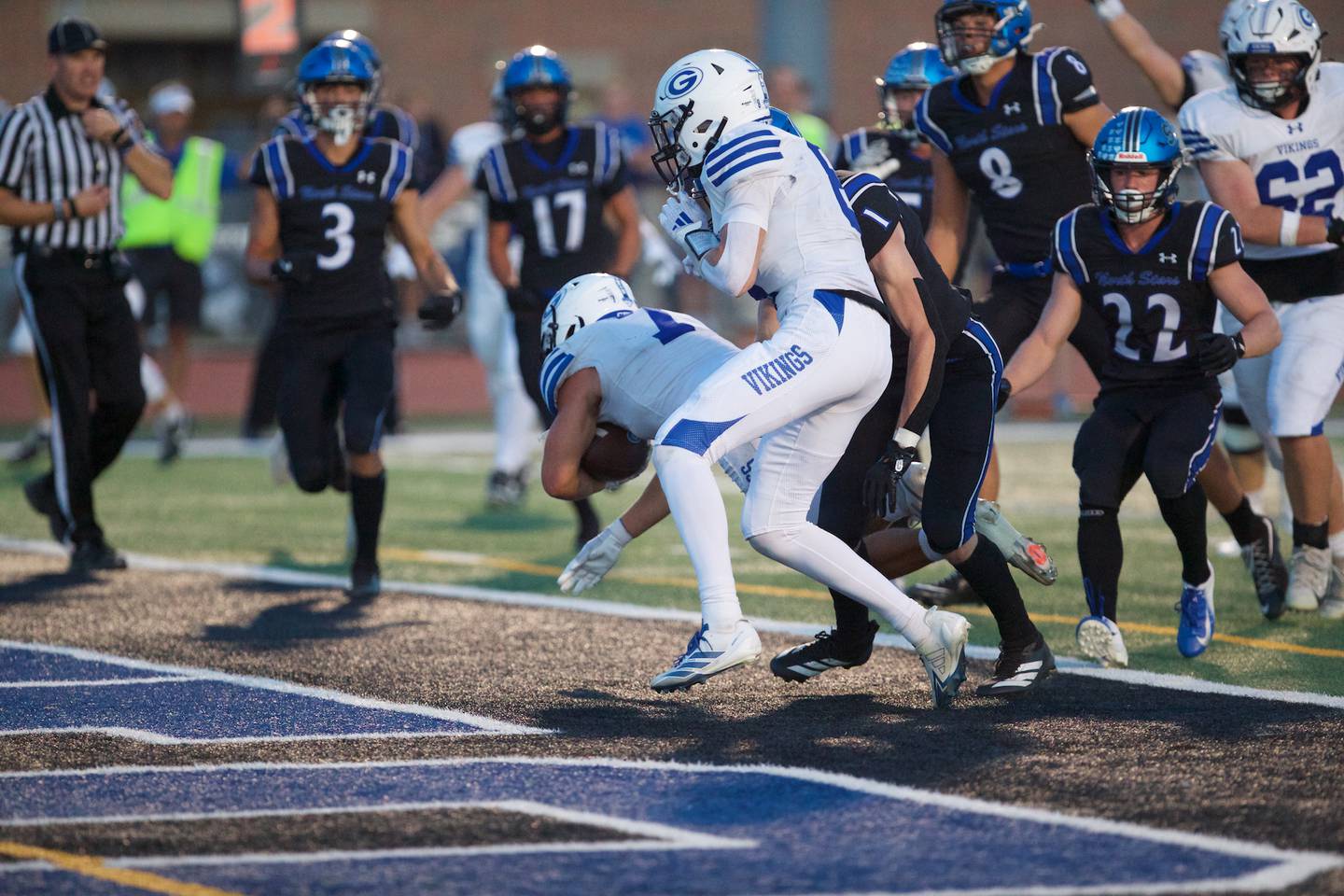Geneva's Nelson Wendell scores a touchdown against St. Charles North on Sept. 12, 2025 in St. Charles.