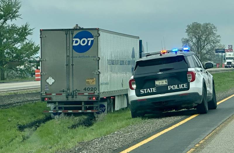 A semi truck left the roadway and ended up in the median of Interstate 80 going eastbound near mile marker 74 on Thursday, May 1, 2025 in Peru. Illinois State Police and Illinois Department of Transportation were called to the scene just after noon on Thursday.