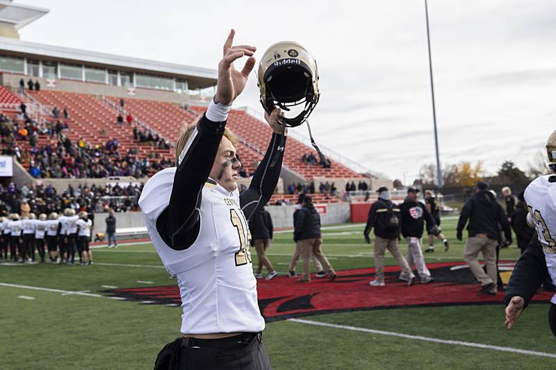 Camp Point's Gavin Blewett celebrates the Panthers’ 14-0 win over Lena-Winslow Friday, Nov. 24, 2023 in the 1A state football championship game at Hancock Stadium in Normal.