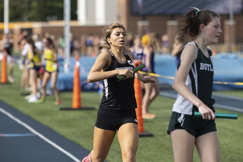 Rock Falls’ Gracie Rippy finishes her leg in the 4x800 Thursday, May 11, 2023 at the class 2A Sterling girls track sectionals.