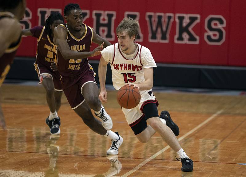 Sauk Valley College’s Jake Gaither drives to the lane against Indian Hills Monday, Jan. 30, 2023.