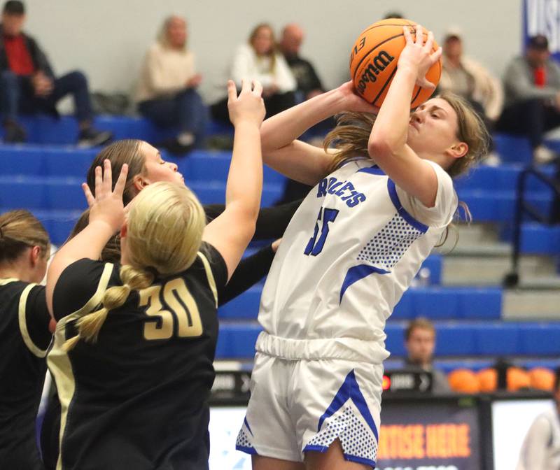 Burlington Central’s Scarlett Lafleur takes a shot against Sycamore in girls basketball at Burlington Central High School in Burlington on Tuesday, November 18, 2025.
