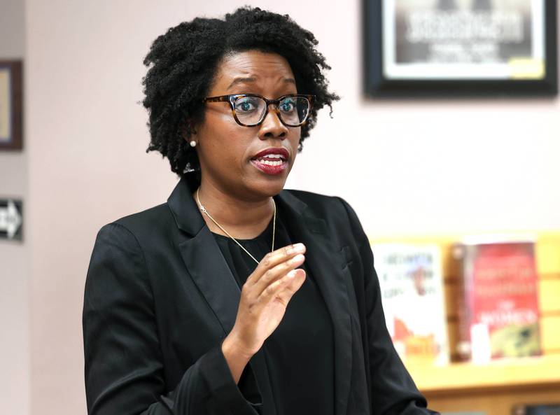 U.S. Rep. Lauren Underwood, D-Naperville, answers a question Monday, Aug. 5, 2024, at the Flewellin Memorial Library in Shabbona during a community conversation regarding the Prairie Band Nation Potawatomi Tribe land transfer.