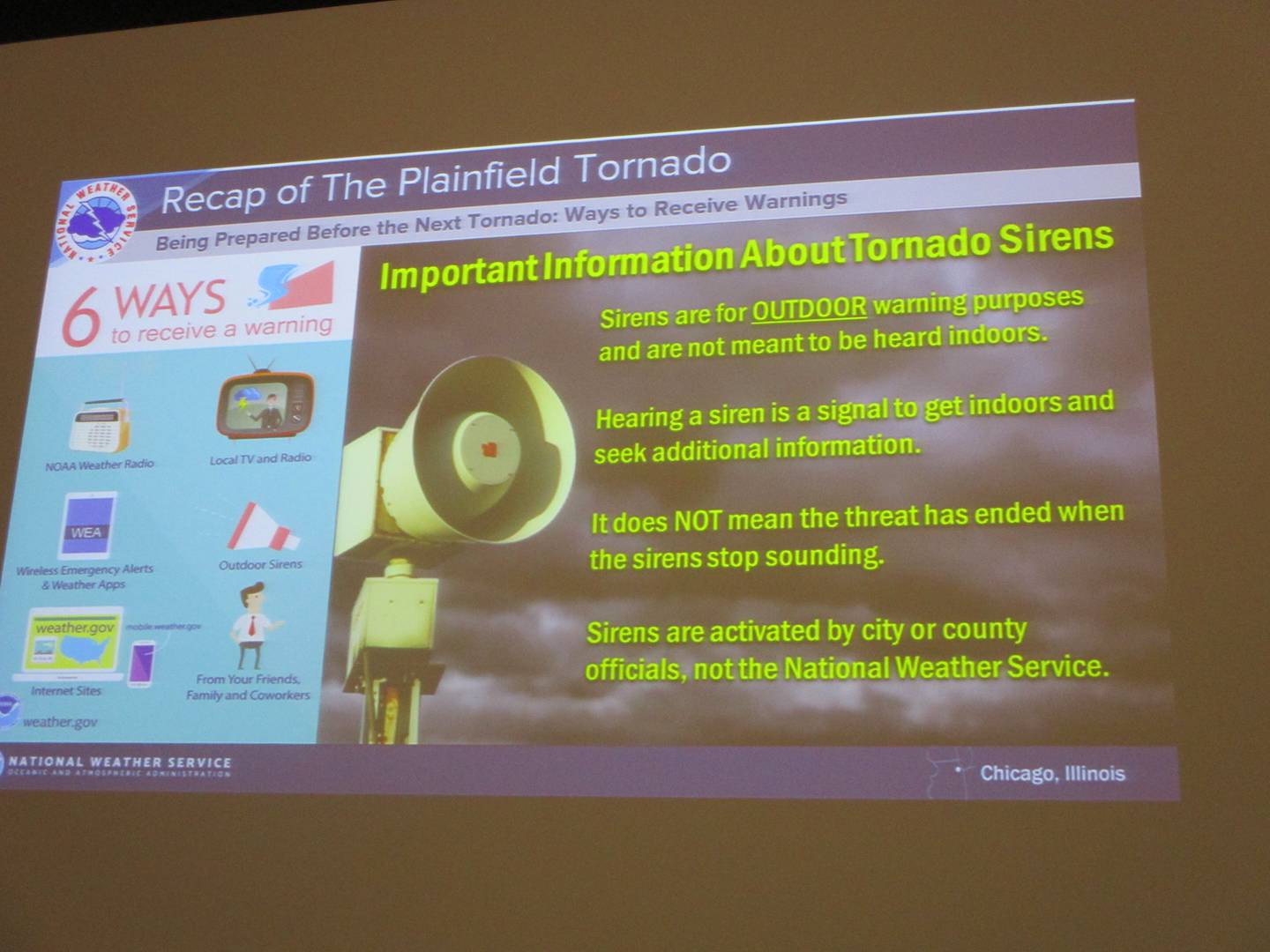 A graphic on display at the "When Seconds Matter" workshop Saturday in Plainfield highlights how tornado sirens are used. March 22, 2025