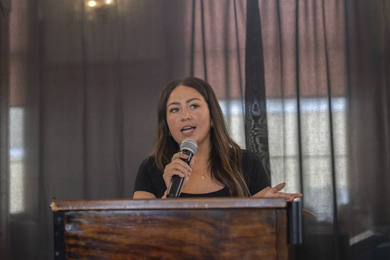 Lutheran Social Services of Illinois representative Ashly Regalado talks about how LSSI has raised money for United Way of Lee County Tuesday, May 12, 2026, during the campaign lunch. The organization received the Partner Agency of the Year award.