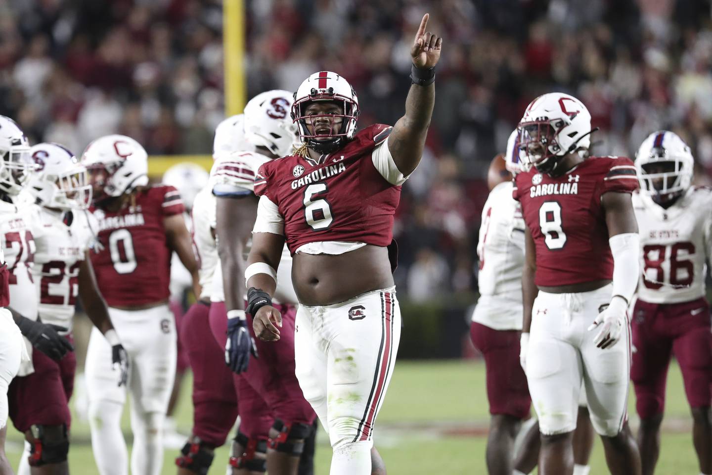 South Carolina defensive lineman Zacch Pickens gestures after a stop against South Carolina State during the 2022 season in Columbia, S.C.