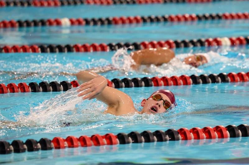 Kankakee's Dylan Shepherd competes in the 500-yard freestyle race next to Bradley-Bourbonnais' Jett Baker during the All-City meet on Tuesday, Jan. 6, 2026.