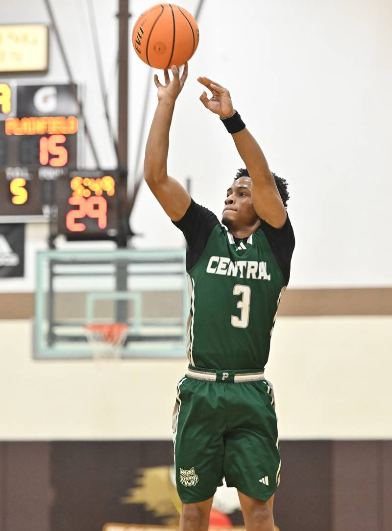 Plainfield Central's Zion Finch (3) shoots a jump shot during the WJOL tournament game against Providence Catholic on Friday, NOV. 28, 2025, at Joliet.