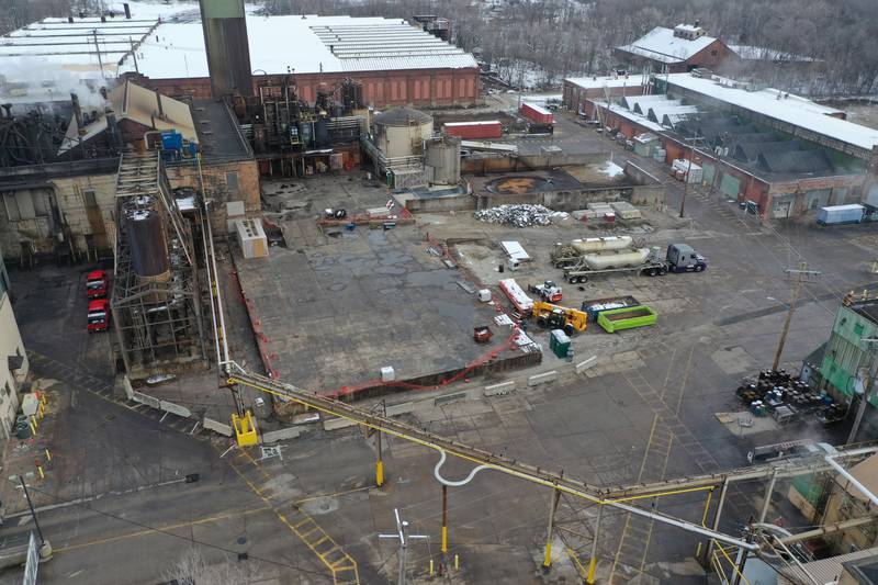 An aerial view of the Carus Chemical plant on Monday, Jan. 8, 2024 in La Salle. This week marks the one-year anniversary of the massive fire at the facility.