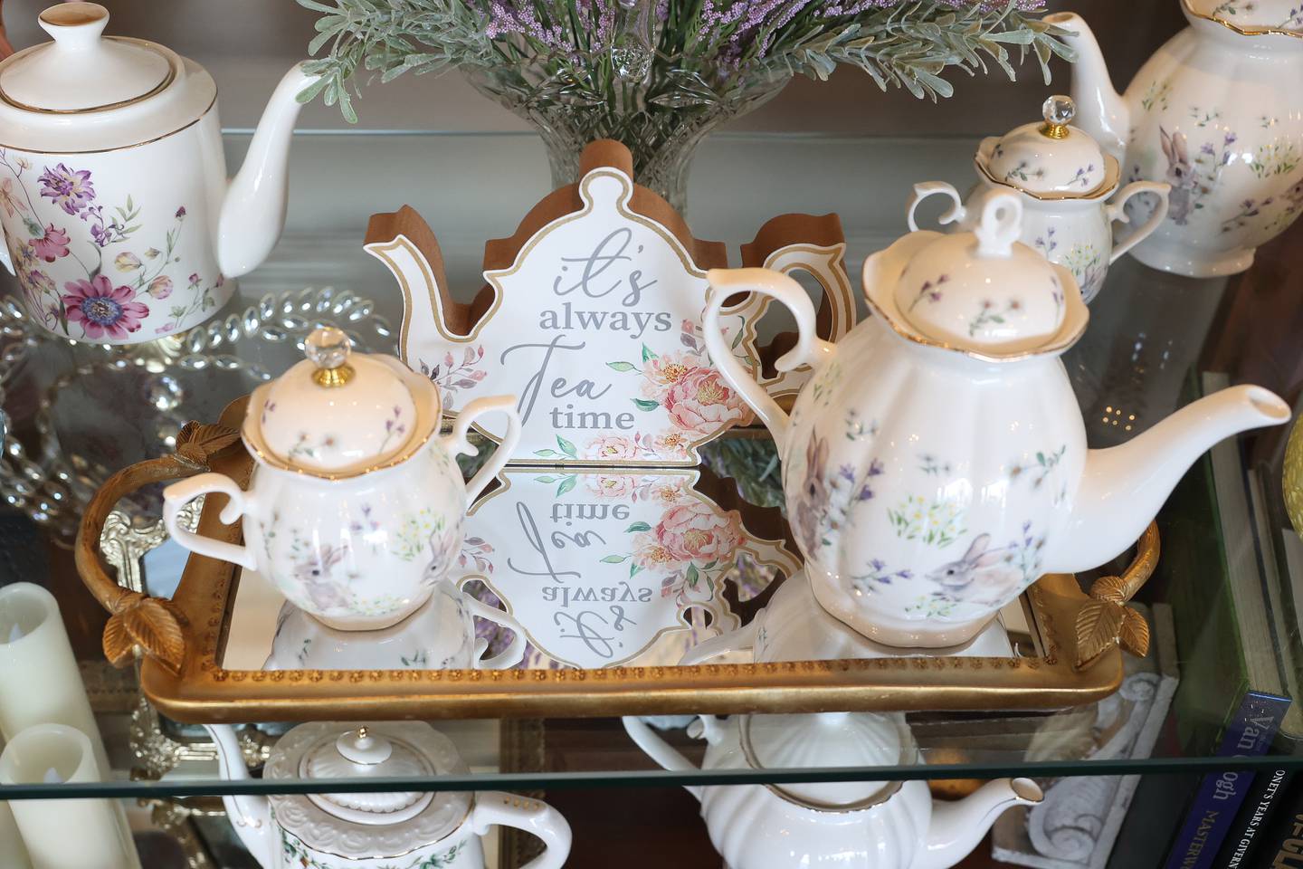 Tea pots sit on display at the Royal Tea Room on Friday, March 29, 2024 in Shorewood.