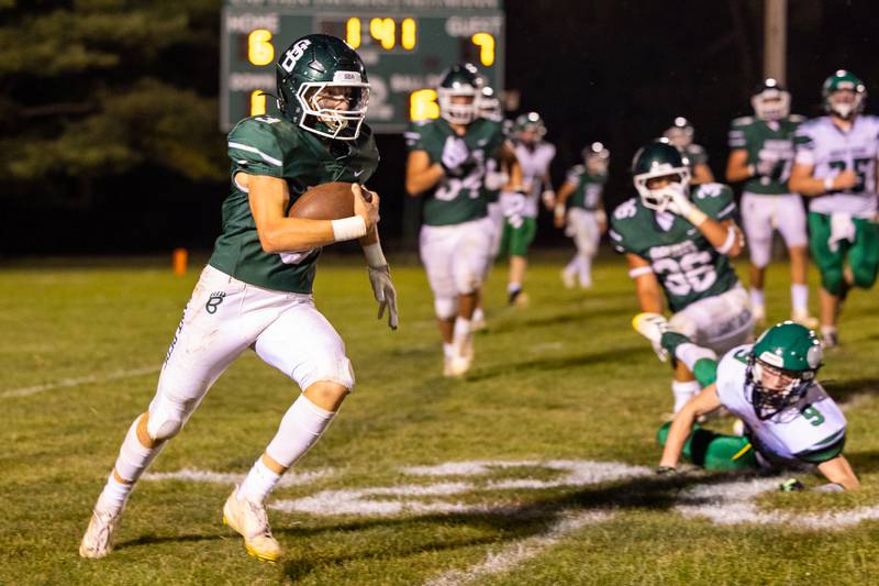 Stuart McGunnigal (3) of St. Bede runs ball at 20 yard line on Friday, Sept 12, 2025 at Captain Thomas J. Heitmann field in Peru.