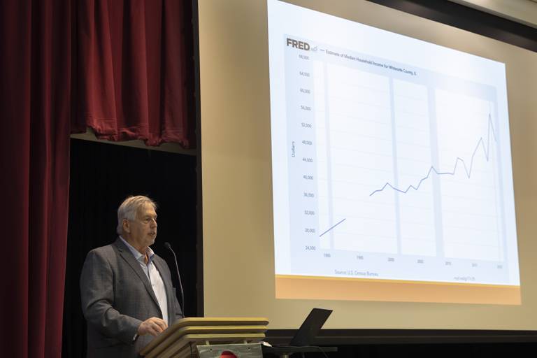 Whiteside County Economic Director Gary Camarano opens a presentation about the health and projects of the county Tuesday, July 25, 2023 at Morrison Tech.