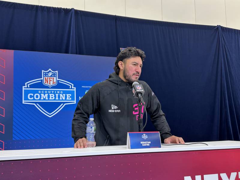 Former Iowa defensive back and Richards alumnus Sebastian Castro answers questions from reporters Thursday at the NFL Combine in Indianapolis.