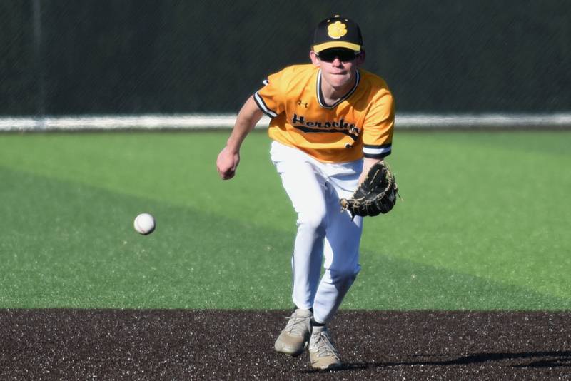Herscher's Connor Sharper fields a grounder during a home game against Coal City Monday, April 20, 2026.