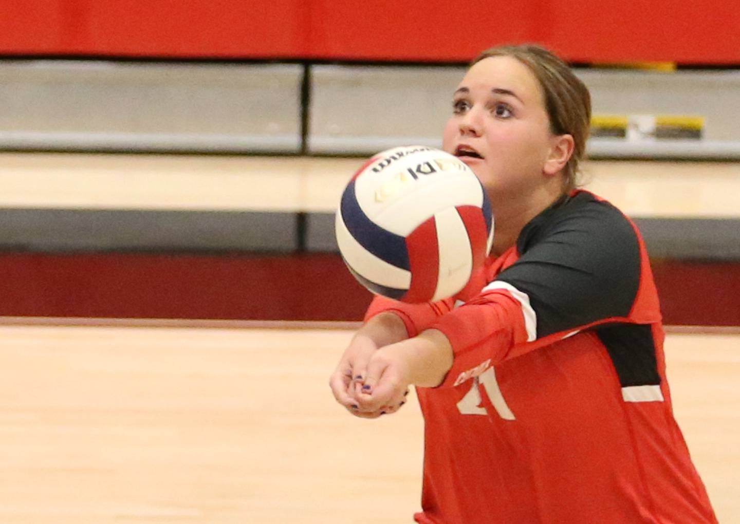 Earlville's Payton Actis bumps the ball forward to the net against Woodland on Wednesday, Sept. 25, 2024 at Woodland High School.