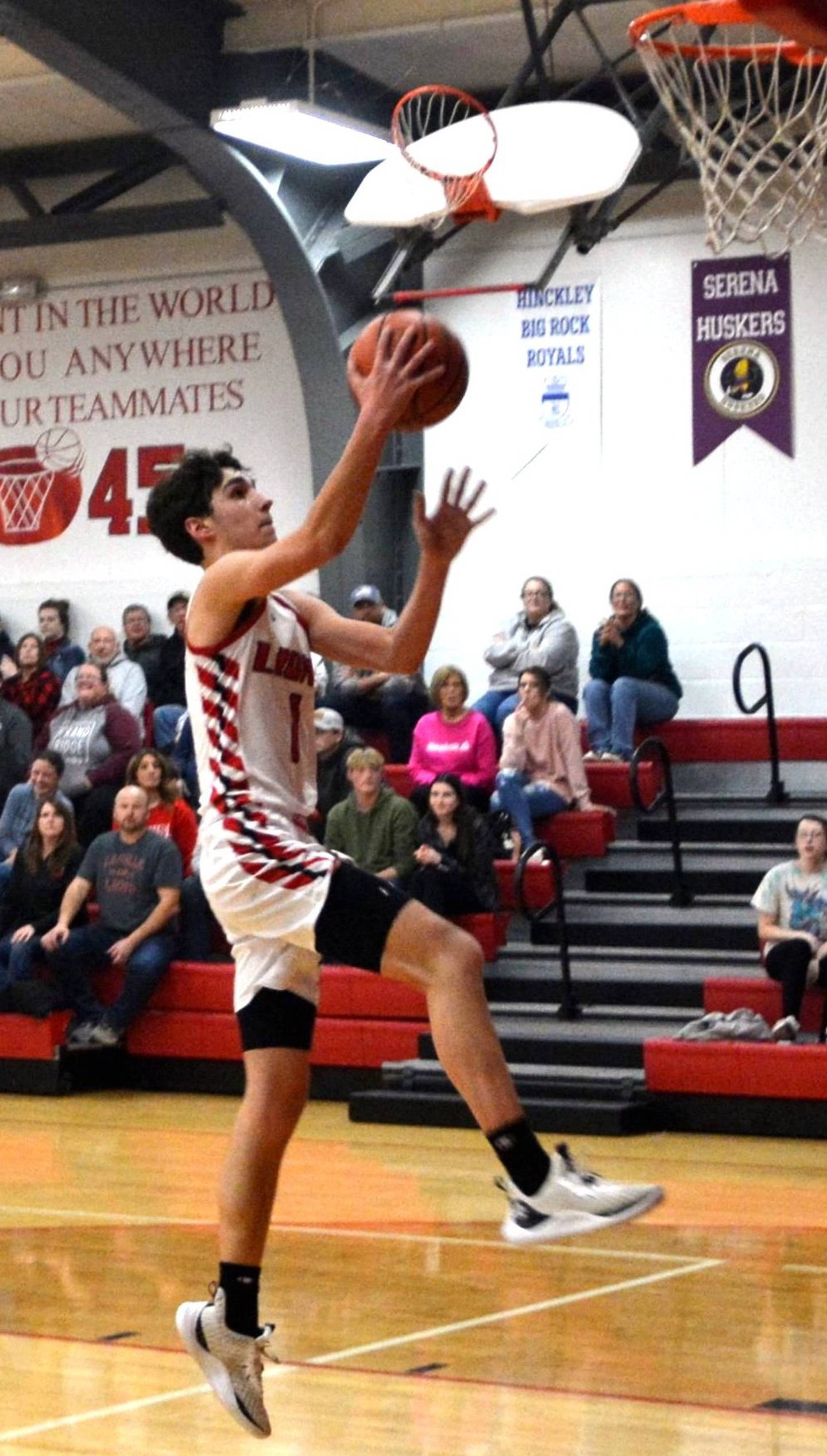 LaMoille's Tyler Billhorn goes in for a Layup in Friday's game with IMSA in LaMoille. Billhorn had a double-double of 27 points and 10 rebounds, but the Lions fell short 56-49 in Little Ten Conference action.