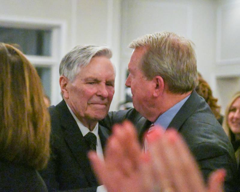 Charlemagne Award nominee and state Sen. Don DeWitte, right,, congratulates Harrison Schneider after Harrison became the 2025 Charlemagne Award winner by the St. Charles Area Chamber of Commerce on Friday May 1, 2026.