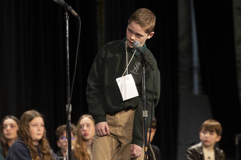 St. Andrew’s sixth grader Lucas Mays competes Thursday, Feb. 21, 2024 at the Lee-Ogle-Whiteside regional spelling bee. Mays missed on the word “wharf” in round two.