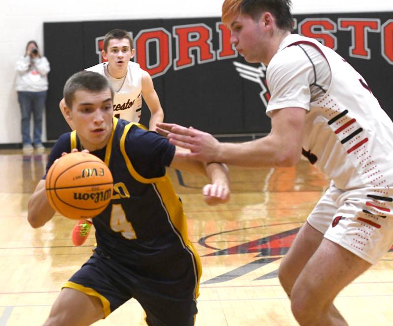 Polo's Mercer Mumford drives against Forreston's Brady Gill on Saturday, Dec. 13, 2025 at the 64th Annual Forreston Holiday Basketball Tournament held at Forreston High School.