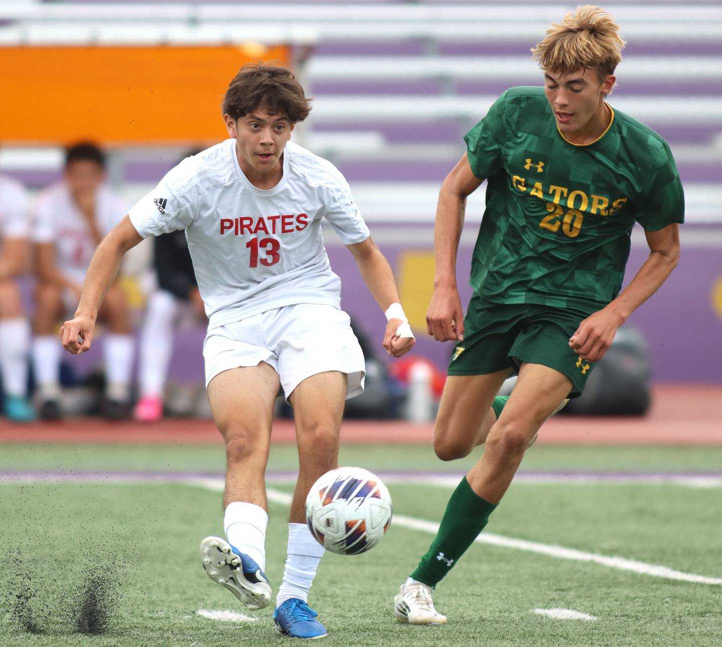 Crystal Lake South’s Vince Santarelli, right, battles Palatine’s Mario Cruz in varsity boys soccer at Ray Porten Field on the campus of Wauconda High School in Wauconda on Wednesday, Sept. 3, 2025.