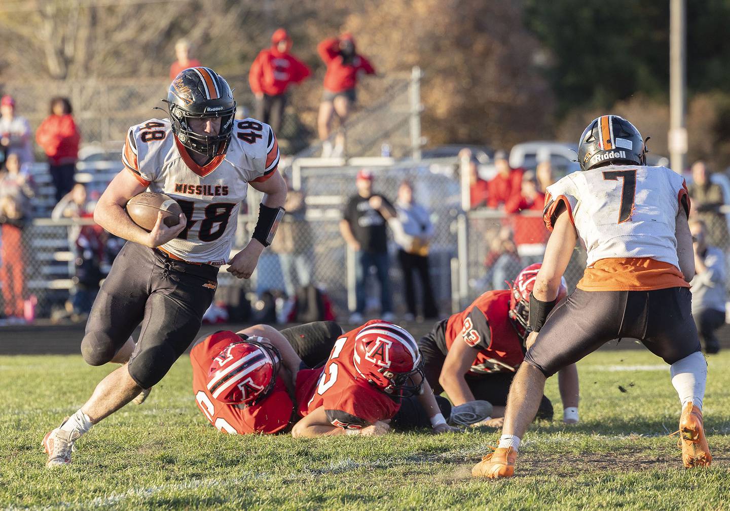 Milledgeville’s Karter Livengood looks for the goal line against Amboy Saturday, Nov. 15, 2025, in the 8-man football semifinal.