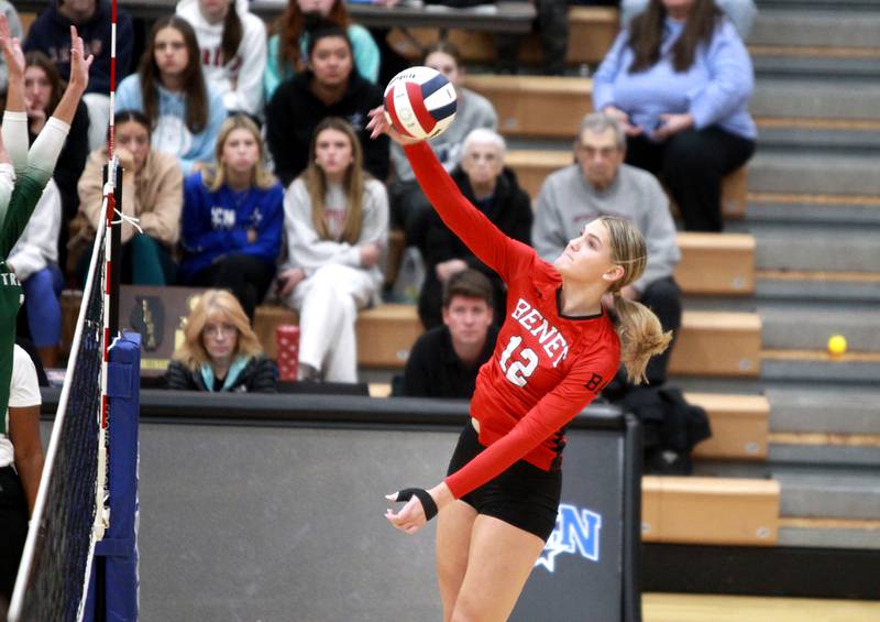 Benet’s Lynney Tarnow gets a kill during the Class 4A St. Charles North Supersectional on Monday, Nov. 11, 2024 against New Trier.