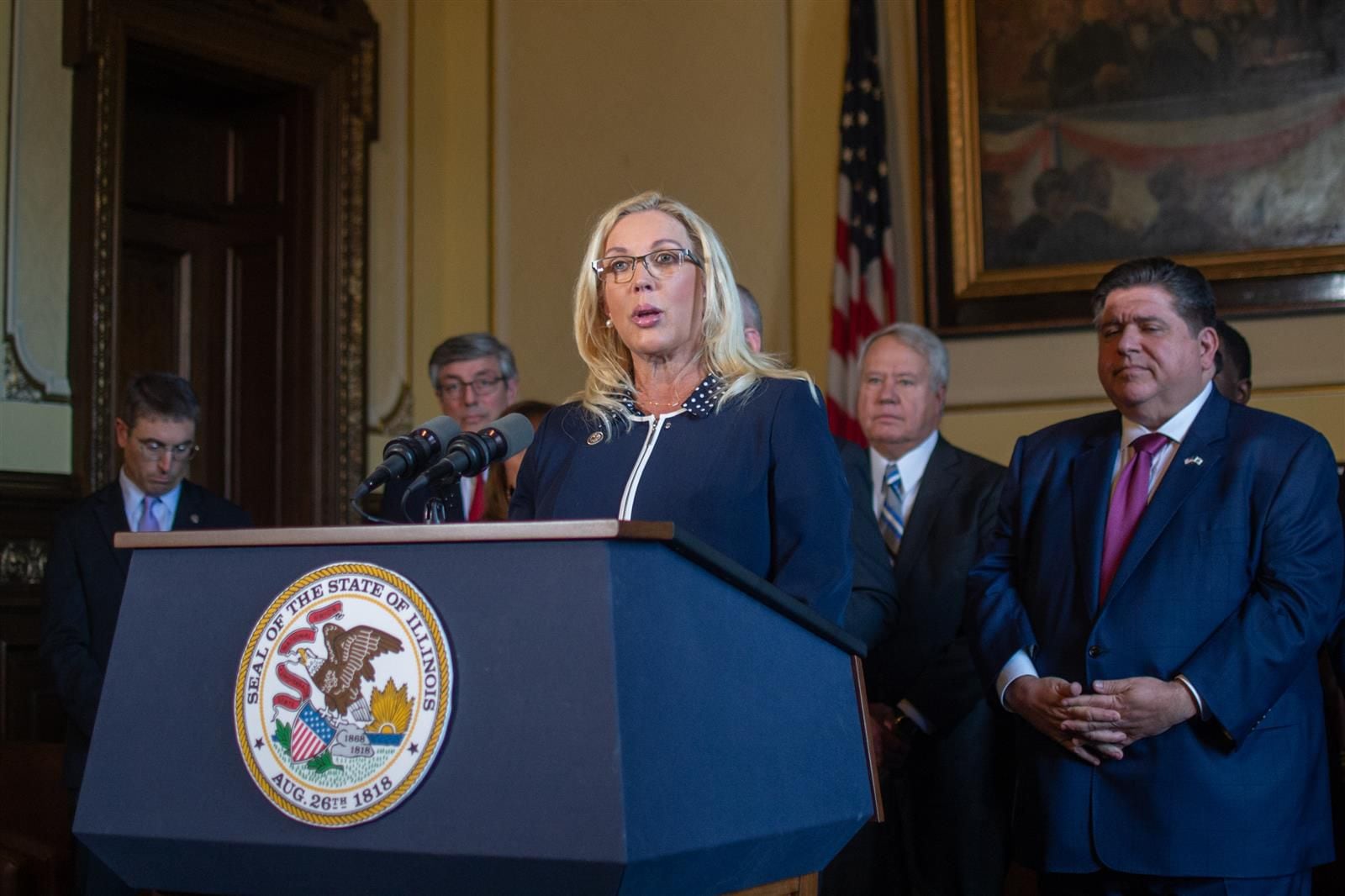 Morris Republican Sue Rezin speaks at a news conference Tuesday about the state's plan to pay down its Unemployment Insurance Trust Fund debt. (Capitol News Illinois photo by Jerry Nowicki)