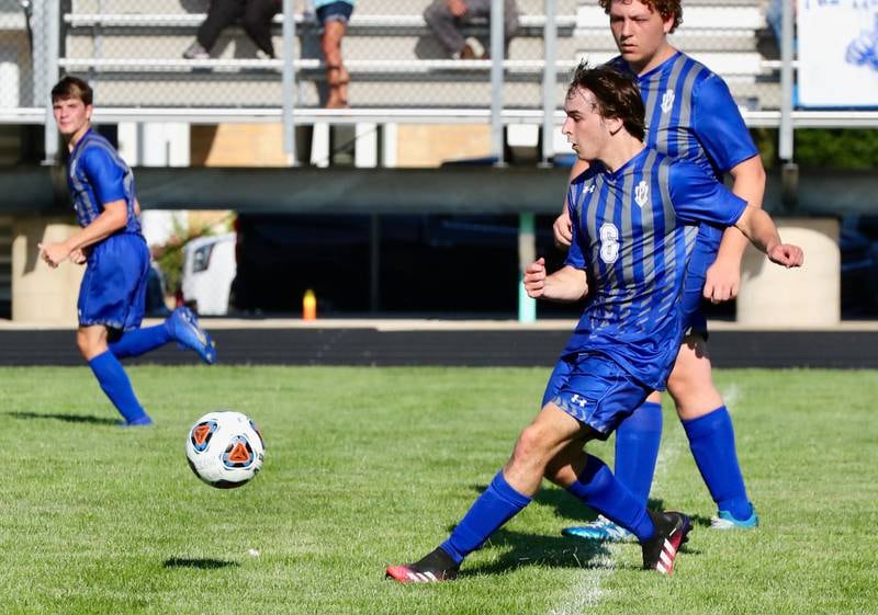 Princeton senior Michael Smallwood gives the ball a boot Monday against Streator.