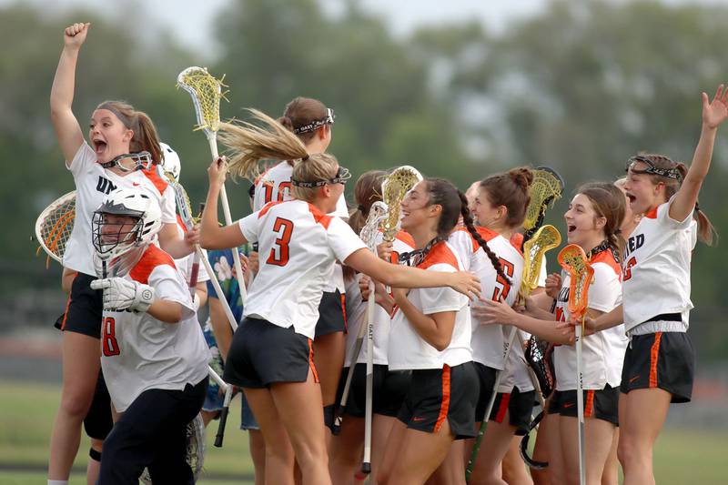 Crystal Lake Central’s United team celebrates a win over  Huntley in IHSA Sectional Title Game action at Crystal Lake Central High School in Crystal Lake on Friday, May 30, 2025.