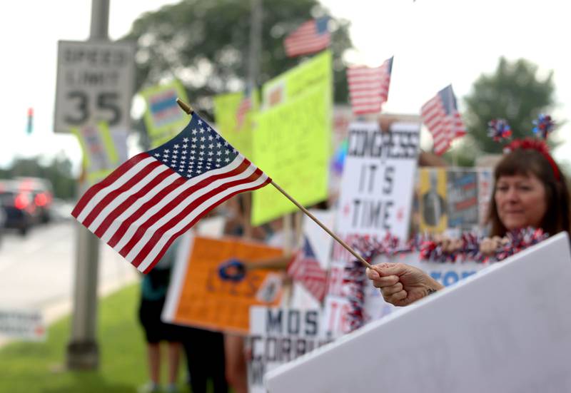 Crowds gathered for the “Good Trouble Lives On” protest along Route 14 in Crystal Lake on Thursday, July 17, 2025.