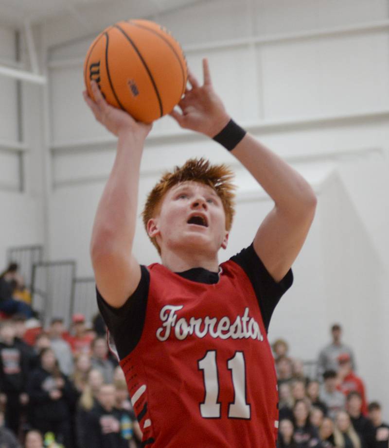 Forreston's Connor Politsch puts up a shot against Annawan during the championship of the 1A Amboy Regional on Friday, Feb. 28, 2025 at Amboy High School.