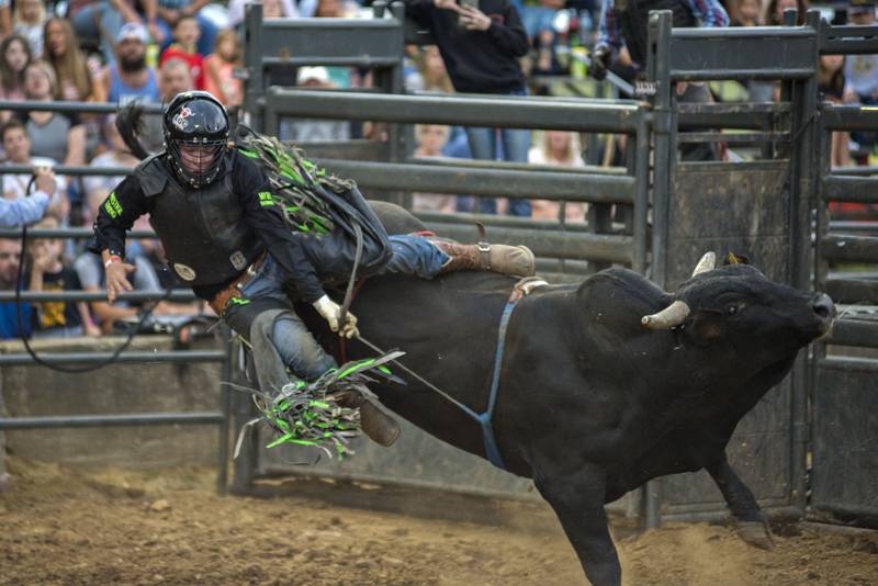 Polo's Colton Gunder is thrown from Obama at the 2021 Carroll County Fair. Though the ride was short, the local crowd gave Gunder a large applause.
